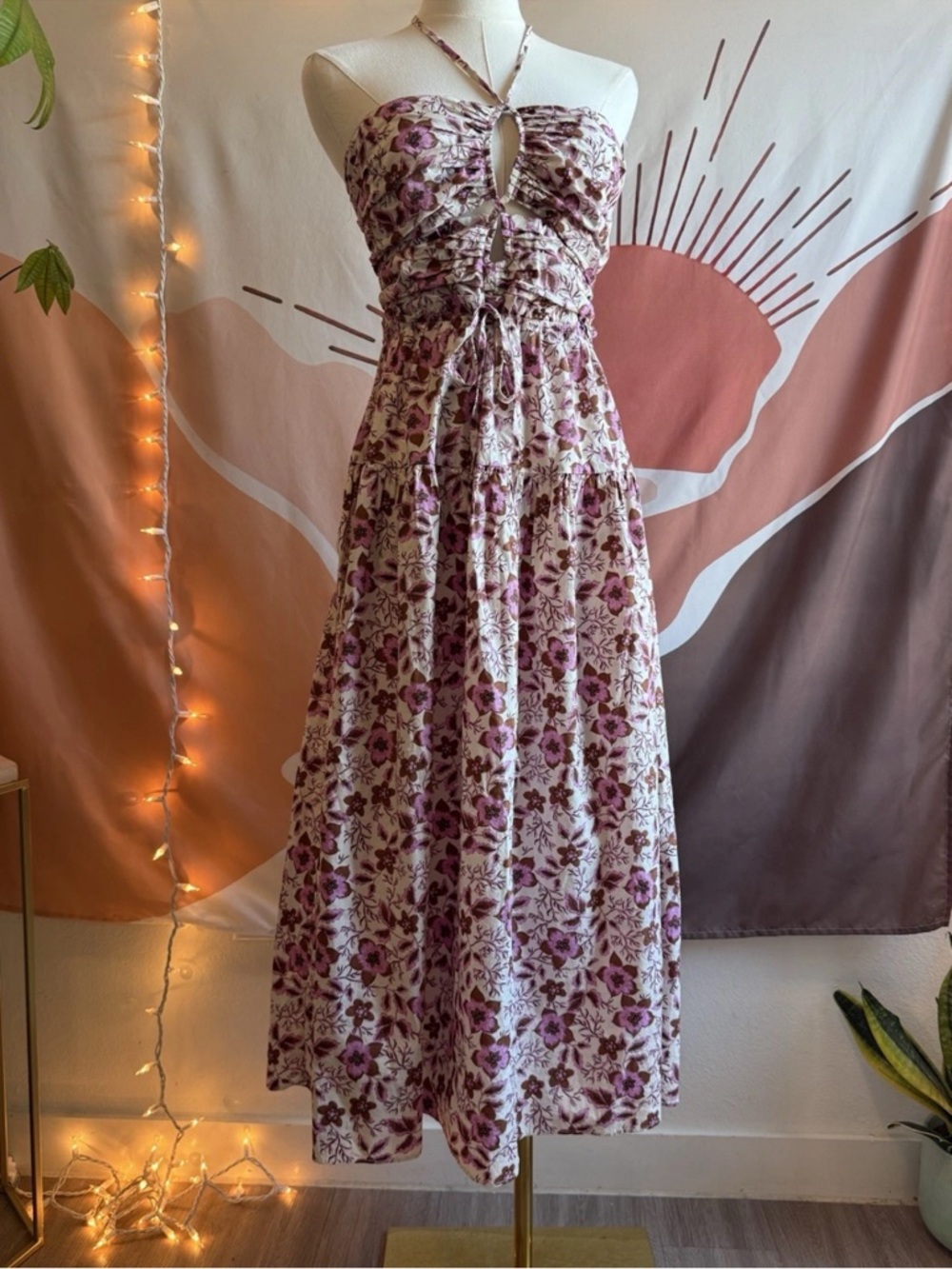 Jason Wu Floral Halter Maxi Dress Pink & Brown Cotton Size XS Cottagecore